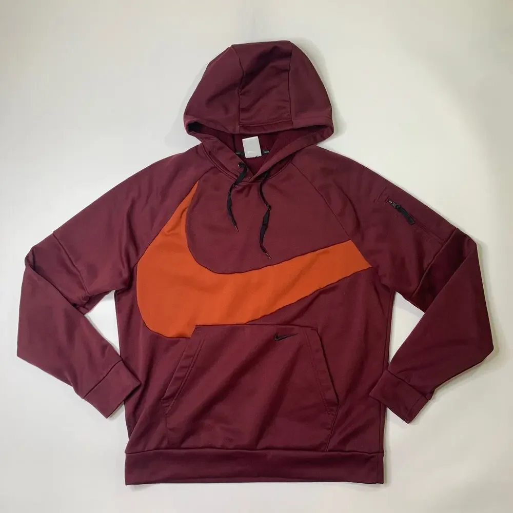 Nike Hoodie Mens L Large Burgundy Therma Fit Big Swoosh Fleece Lined Sweatshirt